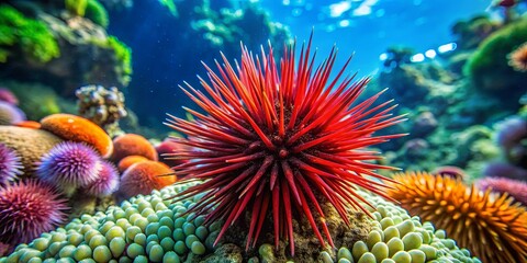 Close up of a vibrant red sea urchin in an underwater coral reef habitat