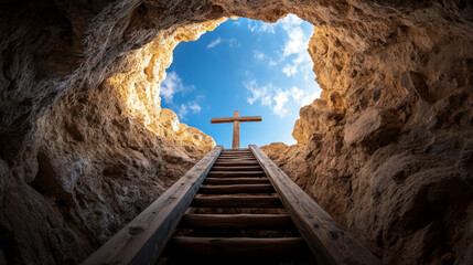 Wall Mural - A cross is seen in the sky above a series of wooden steps