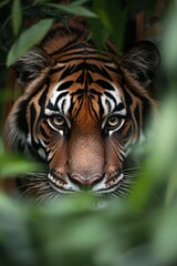 Wall Mural - The eyes of a tiger staring intensely from a distance, with the dense jungle blurred behind it. 