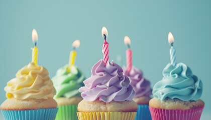 Poster - Happy Birthday. Colorful cupcakes with candles on light blue background