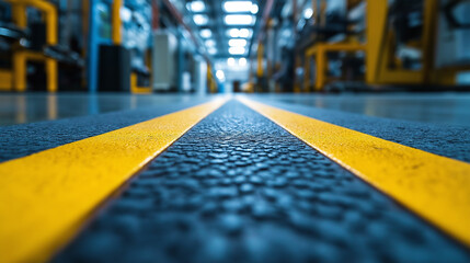 Wall Mural - A low-angle view of a factory floor with a yellow line leading towards a vanishing point.