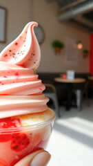 Canvas Print - Close-up of a Pink and White Swirl Frozen Yogurt with Red Strawberry Topping