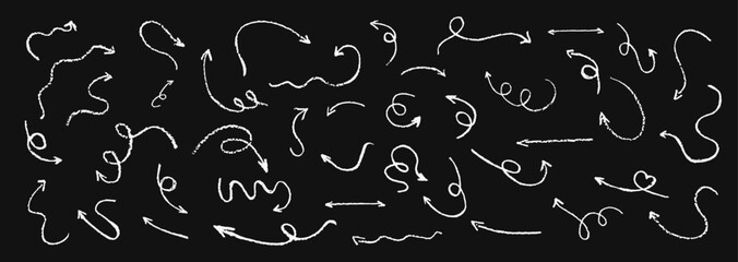 Wall Mural - set of children hand drawn crayon arrows. collection of abstract white pastel curved pointers. fun w