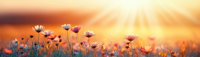 Sticker - Sunset over a field of wildflowers.