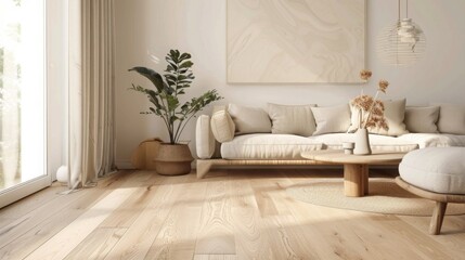 Wall Mural - Minimalist living room design with natural wood accents , Scandinavian interior design , Modern living room , Oak hardwood flooring