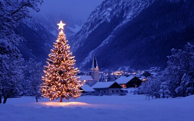 A snowy Christmas tree in a winter forest, illuminated by warm glowing lights, creating a magical holiday scene.