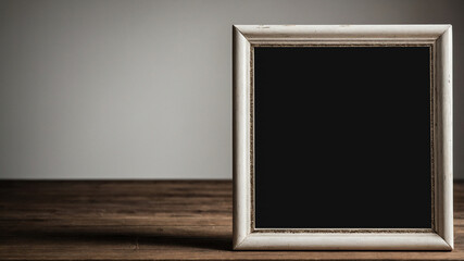 A blank picture frame with a white border standing on a wooden table under soft lighting conditions.