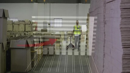 Poster - Rising graph animation over worker moving pallet jack in warehouse