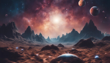 A surreal cosmic landscape with multiple planets and moons floating above a mountainous terrain