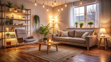 A warm and cozy therapist's office with a comfortable couch, calm lighting, and a peaceful atmosphere, conveying feelings of trust and happiness.