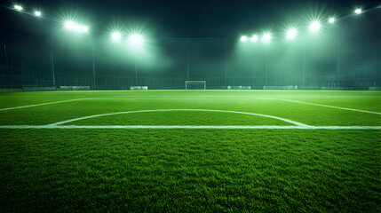 Green soccer field under the glow of spotlights background vibrant and well-lit playing surface dramatic and focused atmosphere night game setting crisp and clear pitch intense and competitive sports