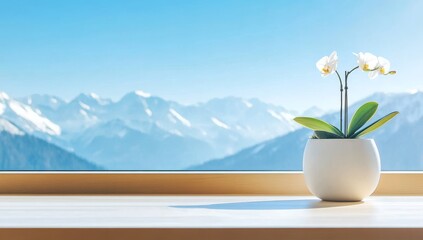 Wall Mural - A white pot with an orchid flower stands on the table in front of a large window