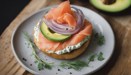 Wall Mural - Avocado and Smoked Salmon Bagel A close-up of a toasted bagel topped with creamy avocado, silky