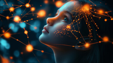 Wall Mural - A woman with glowing neural connections mapped across her face, symbolizing artificial intelligence.