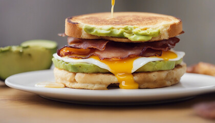 Wall Mural - Loaded Breakfast Sandwich A close-up of a breakfast sandwich stacked with crispy bacon, a perfectly