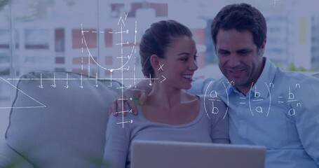 Poster - Mathematical equations and graphs animation over couple using laptop on couch