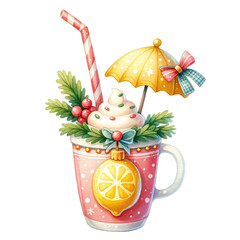 Cute holiday-themed drink in a festive mug with whipped cream, berries, and an umbrella. Perfect for Christmas celebrations.