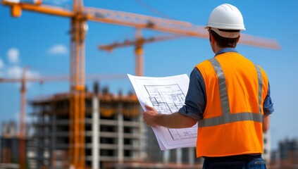 An engineer in an orange vest and white helmet stands on the construction site