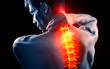 © UseeIvan - Man holding his neck in pain, with the spine highlighted in red, illustrating sciatica or spinal discomfort,