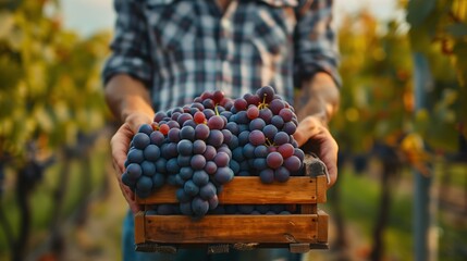 Close-Up View of Fresh Grapes in Wooden Crate Held by Farmer in Vineyard at Harvest Time