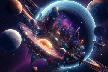 ai generated multiverse space colony, abstract planet colony