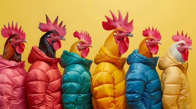 Quirky rooster concept , Rooster heads on human bodies , Vibrant puffer jackets , Unique fashion concept