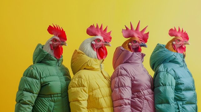 Quirky rooster concept , Rooster heads on human bodies , Vibrant puffer jackets , Unique fashion concept