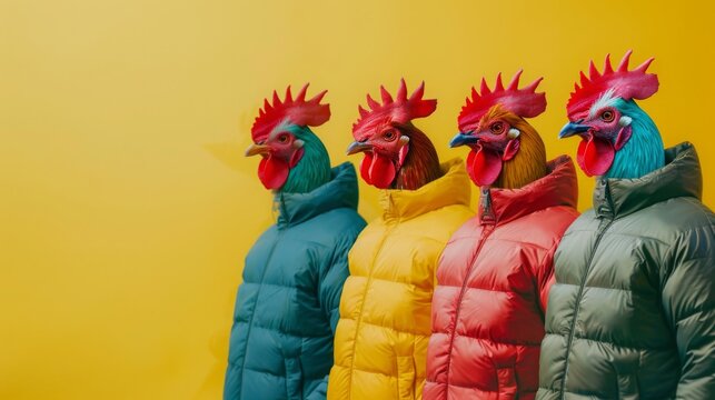 Quirky rooster concept , Rooster heads on human bodies , Vibrant puffer jackets , Unique fashion concept