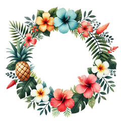 Vibrant tropical floral wreath with hibiscus, plumeria, and green leaves. Perfect for summer, wedding, and luau-themed designs.