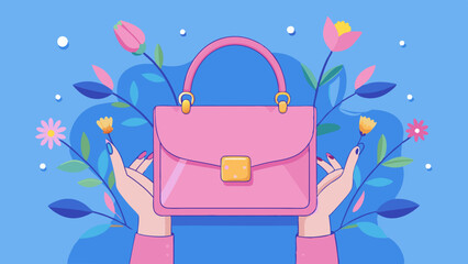 Pink designer bag isolated, Female hands holds handbag on blue background . Flat lay, top view. Spring fashion concept in pastel colored