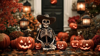 Wall Mural - In this image, we see a skeleton dressed in a black robe, mourning the dead, and carving pumpkins for the Day of the Dead.