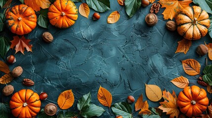 Wall Mural - Thanksgiving concept with ripe pumpkins, fallen leaves, walnuts, and acorns on a vintage green background. Flat lay and top view with copy space.