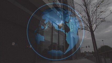 Poster - Rotating globe animation over modern building with cloudy sky in background