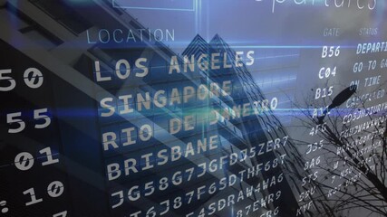 Poster - City names and alphanumeric codes animation over modern building background