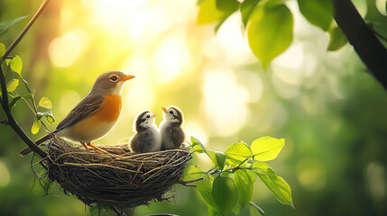 Wall Mural - Beautiful bird's nest with baby birds on a tree branch in a green nature background