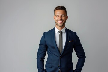 Full body portrait of happy smiling business man  isolated on white background