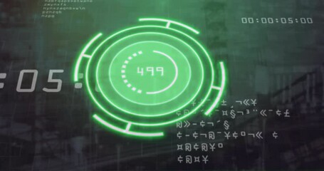 Sticker - Green radar screen and numerical data processing animation over dark background