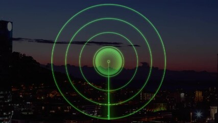 Poster - Green radar animation over cityscape at dusk with mountains in background