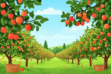 Vibrant orchard filled with ripe oranges under a clear blue sky, showcasing lush green trees and baskets ready for harvest.