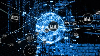 Poster - Global network connections and data processing animation over digital background