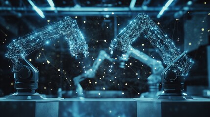 Poster - AI driven robotic arms building a neural network in a futuristic Industry 4.0 setting