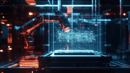 Poster - AI driven robotic arms building a neural network in a futuristic Industry 4.0 setting
