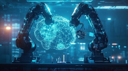 Poster - AI driven robotic arms building a neural network in a futuristic Industry 4.0 setting