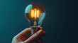 © 沈军 贡 - A hand holding a light bulb on a dark blue background