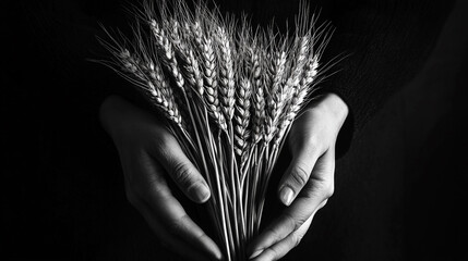 Hands gently holding a bundle of wheat stalks against a dark background showcasing agricultural beauty and nourishment