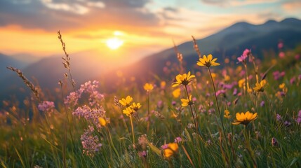 Wall Mural - beautiful field with colorful wild flowers foggy landscape at sunrise or dawn with setting or rising