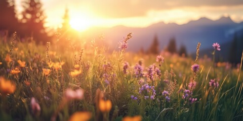 Wall Mural - beautiful field with colorful wild flowers foggy landscape at sunrise or dawn with setting or rising