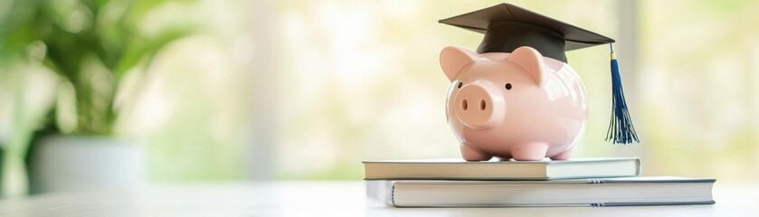 Wall Mural - A piggy bank wearing a graduation cap, symbolizing savings for education and financial planning for students.