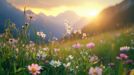 Wall Mural - Beautiful field with colorful wild flowers foggy landscape at sunrise or dawn with setting or rising sun in the mountains