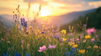 Wall Mural - breathtaking wildflower field at sunrise – foggy mountain landscape with golden light
